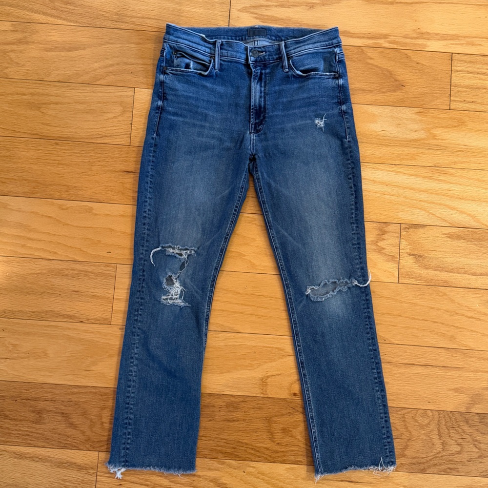 MOTHER Denim Jeans Womens Size 30 Raw Hem Distressed Straight Crop